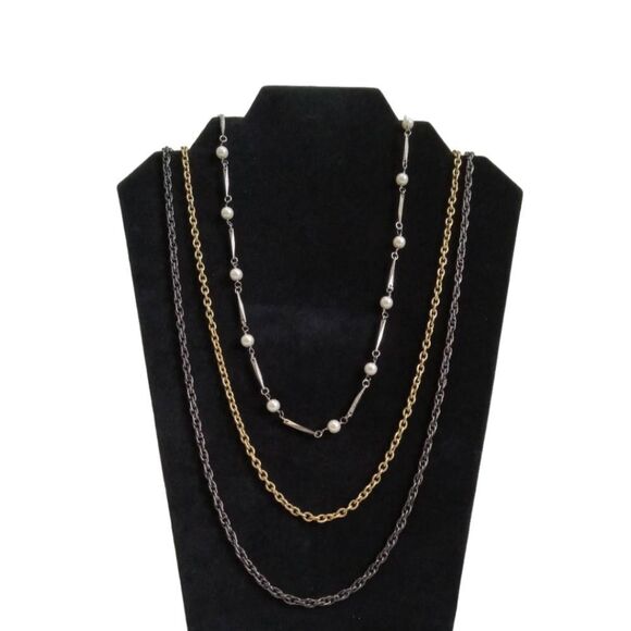 Triple Strand Long Length Gold & Silver Toned Layered Chain Statement Necklace - Picture 1 of 9